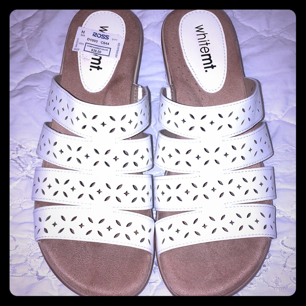 White Mt white heeled open toe slip on